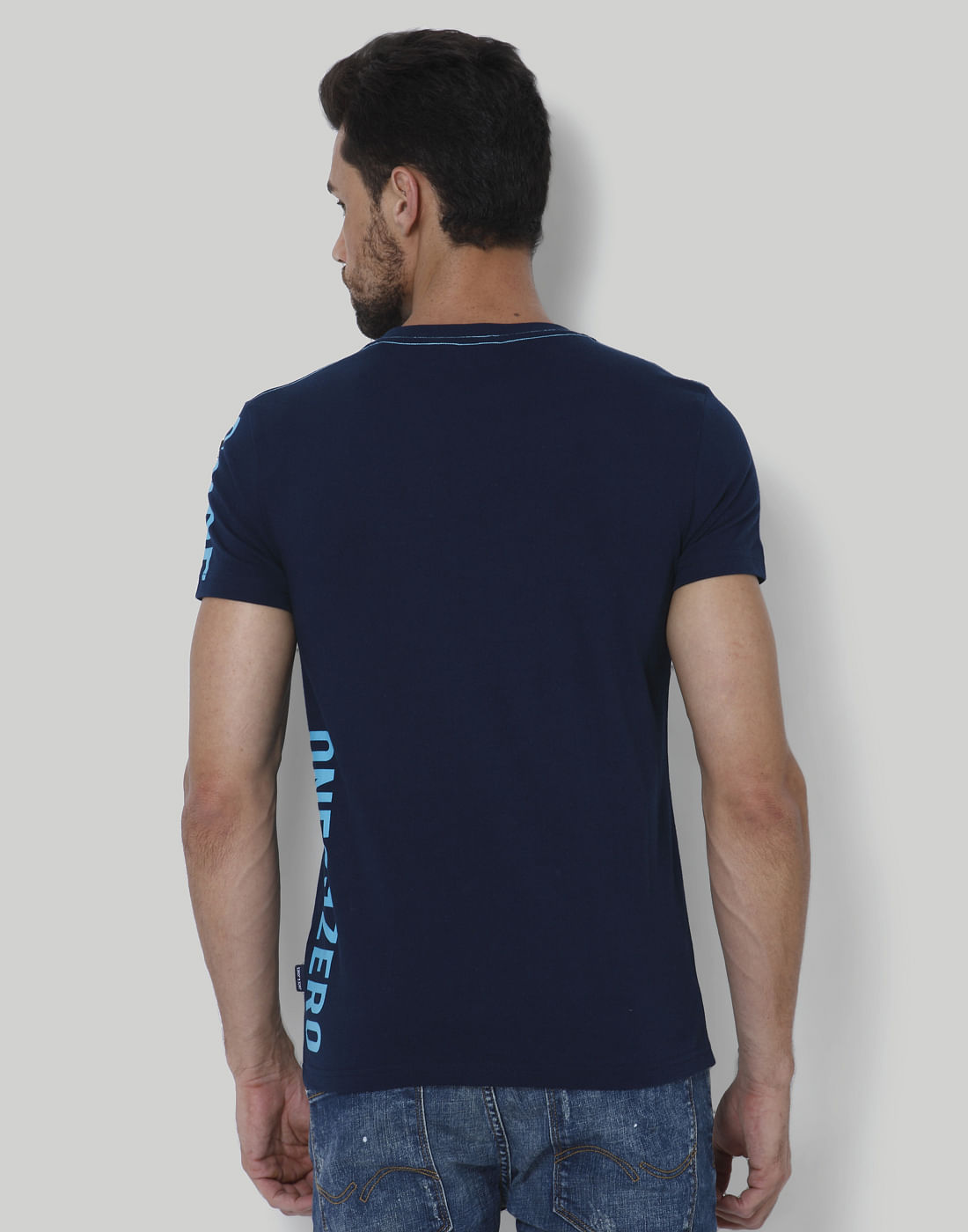 Dark Blue Text Print Crew Neck T-Shirt