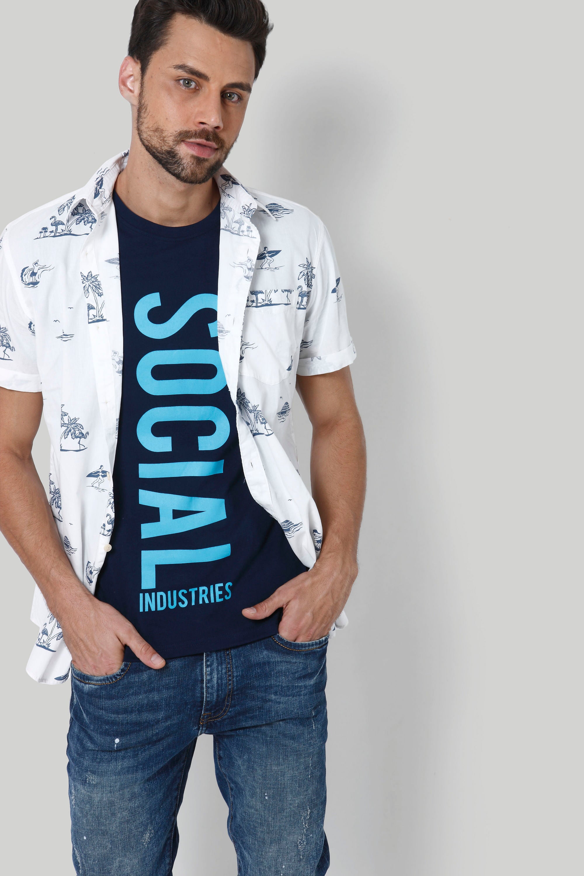 Dark Blue Text Print Crew Neck T-Shirt