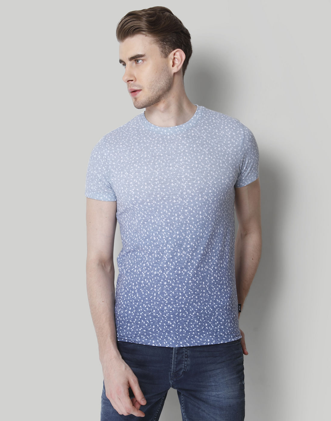 Blue Ombre Self Print Crew Neck T-Shirt - S