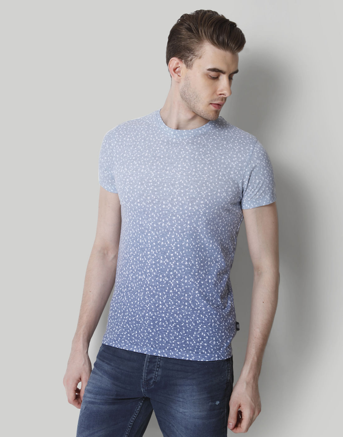Blue Ombre Self Print Crew Neck T-Shirt