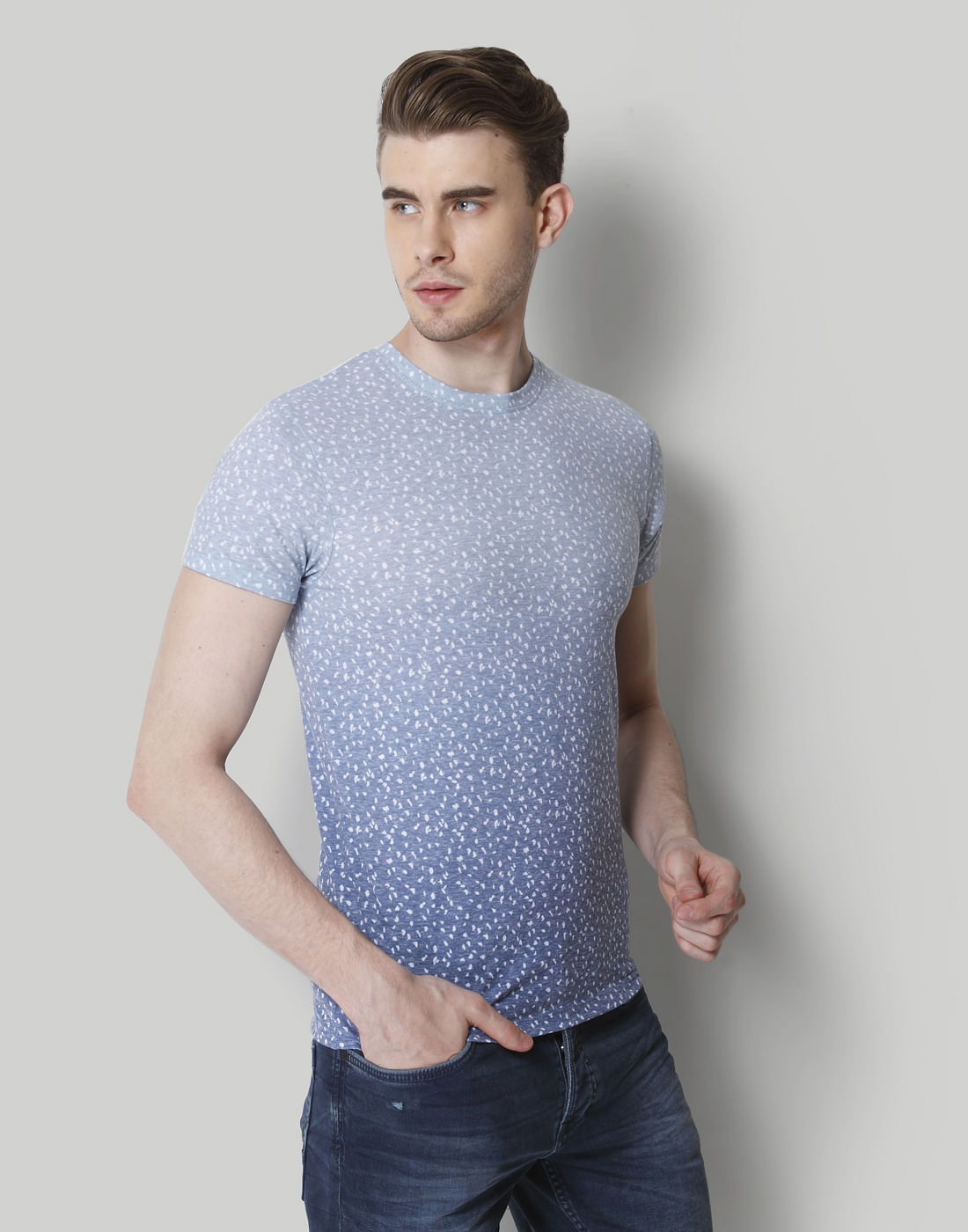 Blue Ombre Self Print Crew Neck T-Shirt
