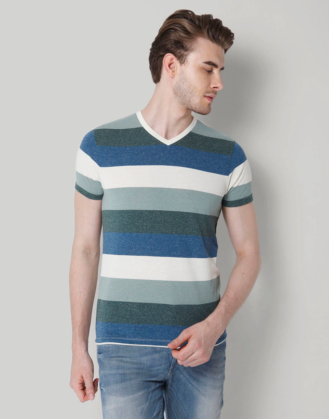 Blue Striped Colour Blocked V-Neck T-Shirt - S