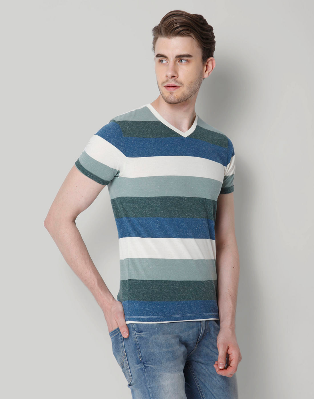 Blue Striped Colour Blocked V-Neck T-Shirt