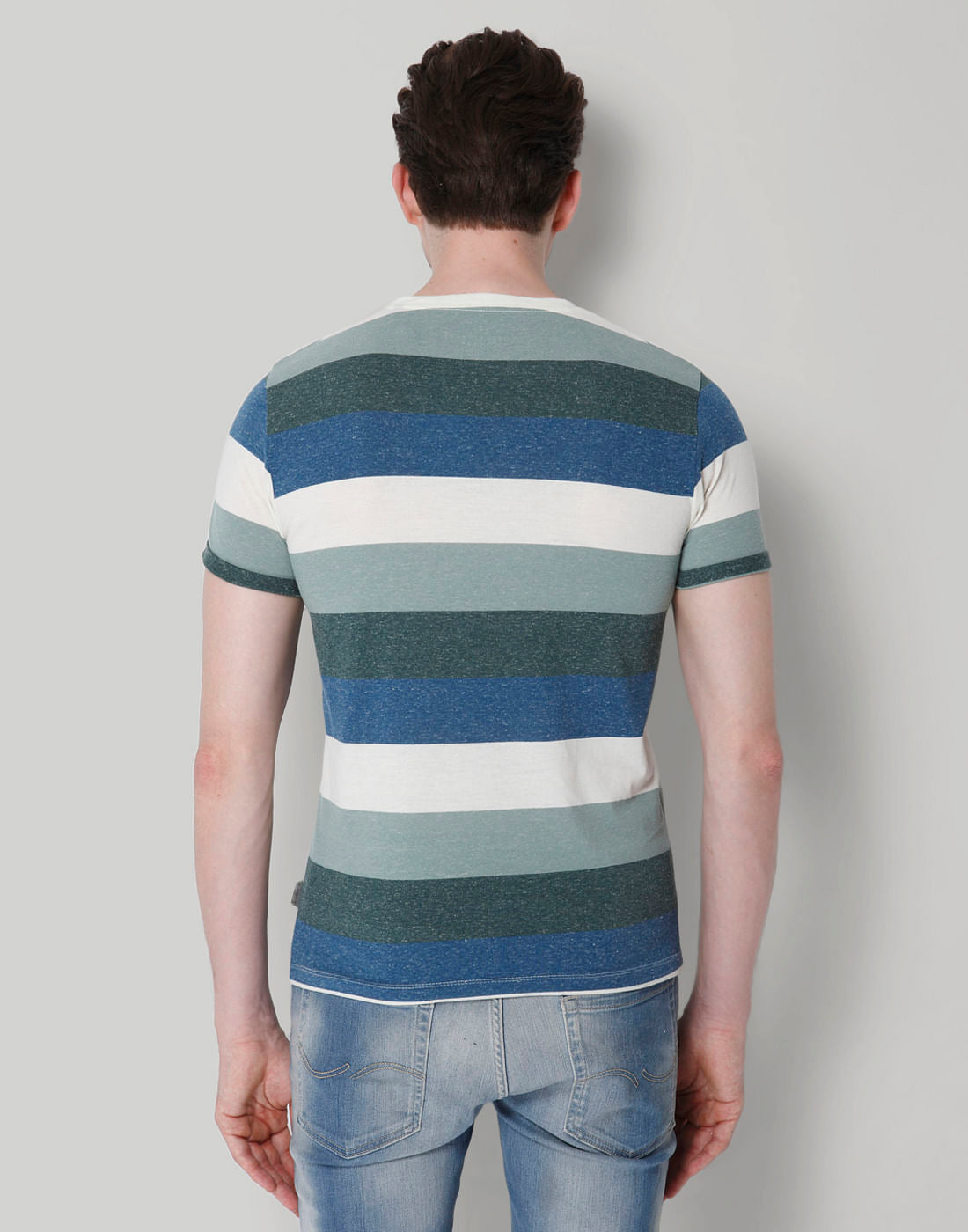 Blue Striped Colour Blocked V-Neck T-Shirt