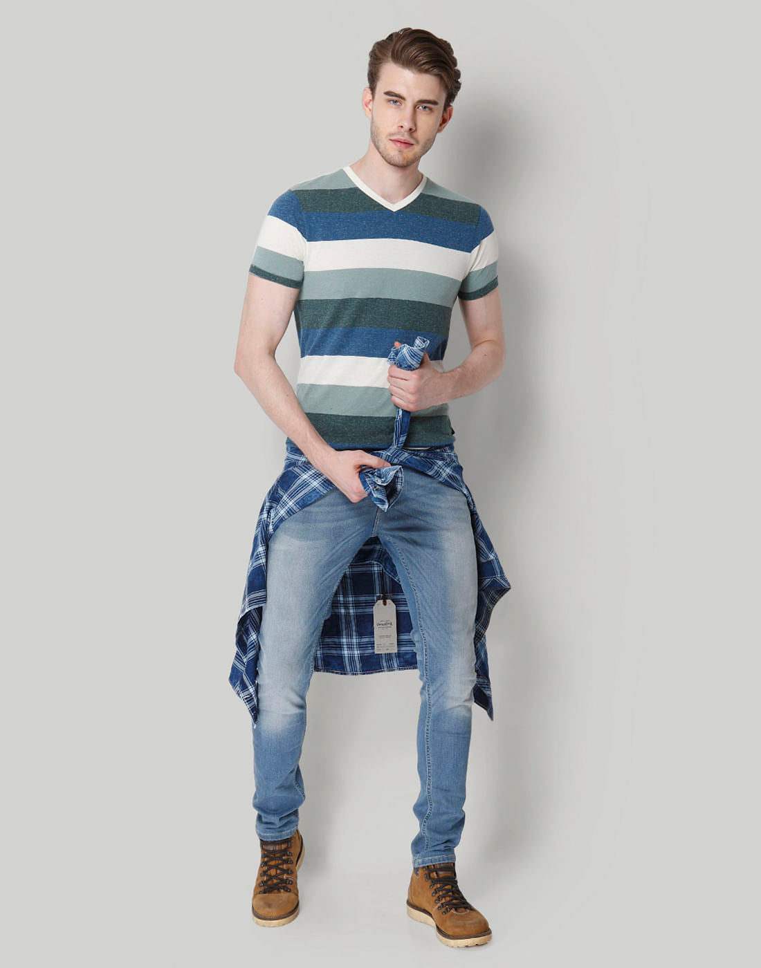 Blue Striped Colour Blocked V-Neck T-Shirt