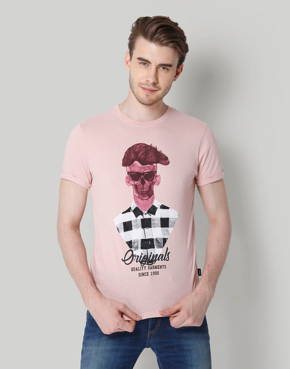 Rose Skull Printed Crew Neck T-Shirt - S