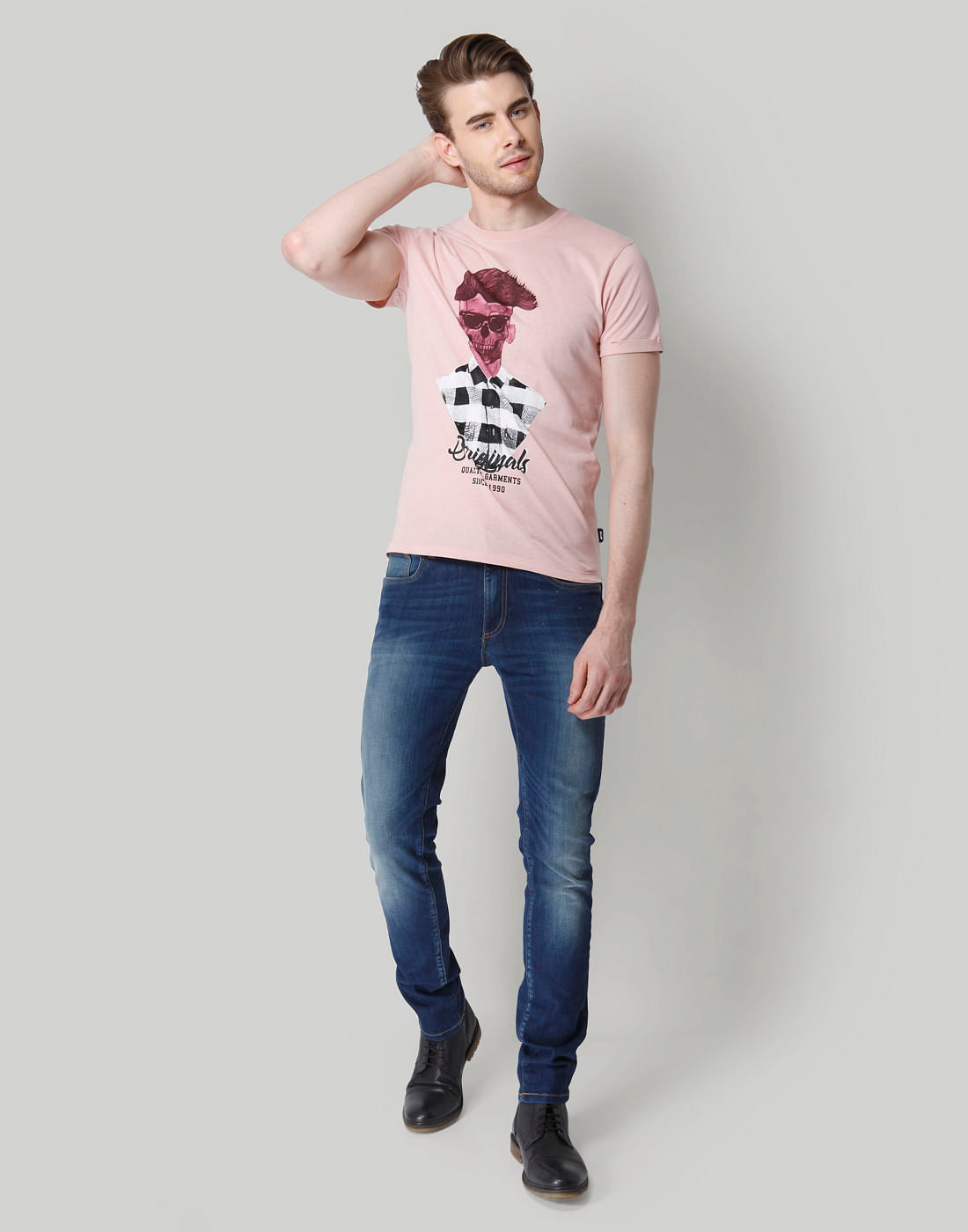 Rose Skull Printed Crew Neck T-Shirt