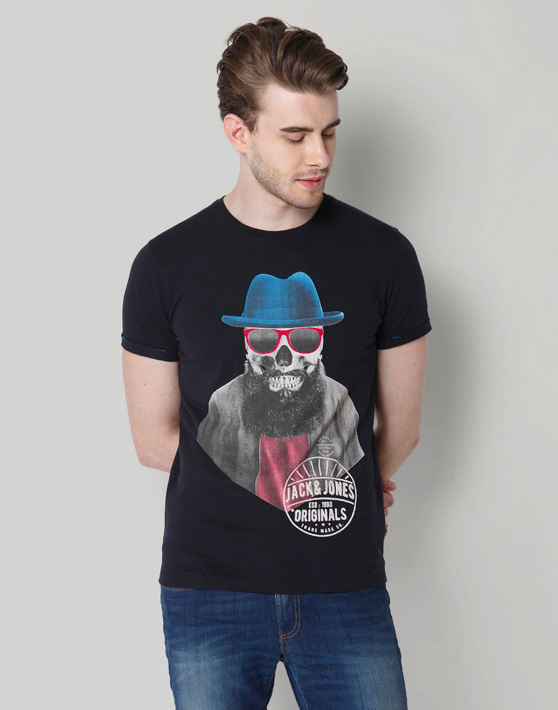 Blue Skull Printed Crew Neck T-Shirt - S