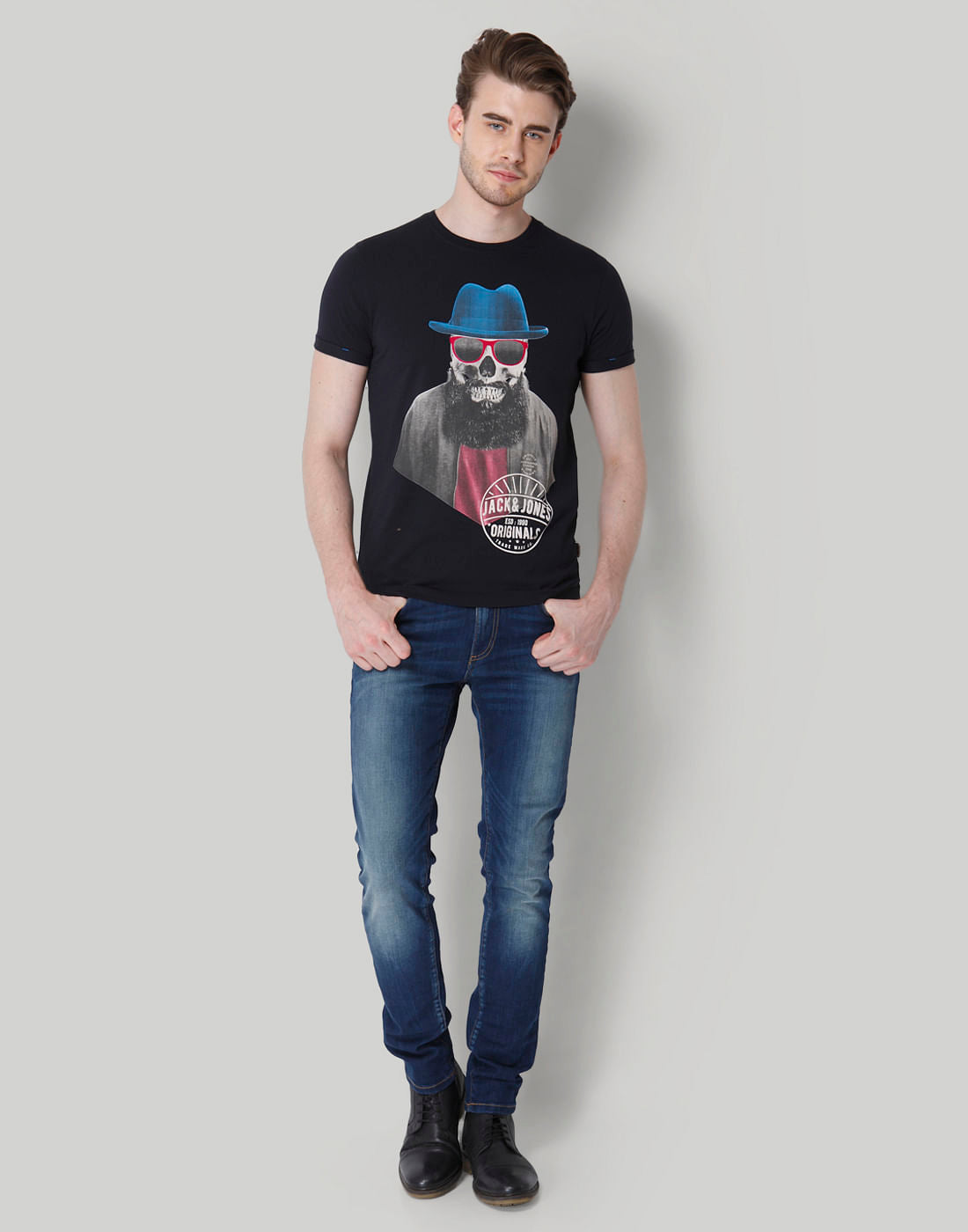 Blue Skull Printed Crew Neck T-Shirt