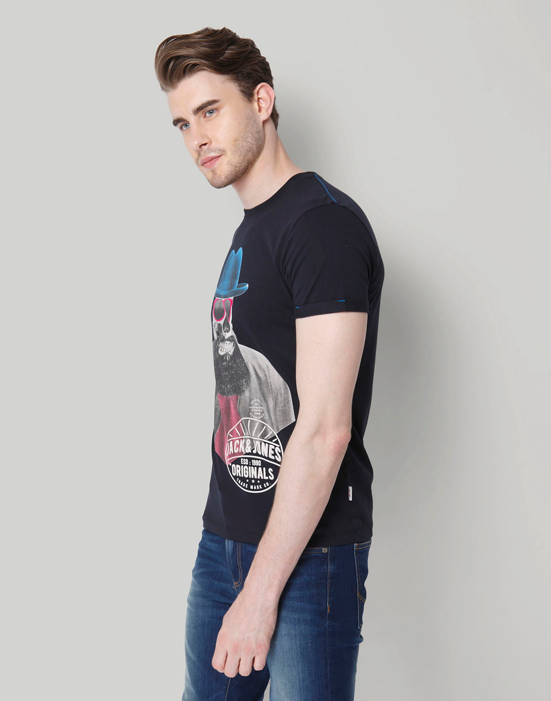 Blue Skull Printed Crew Neck T-Shirt