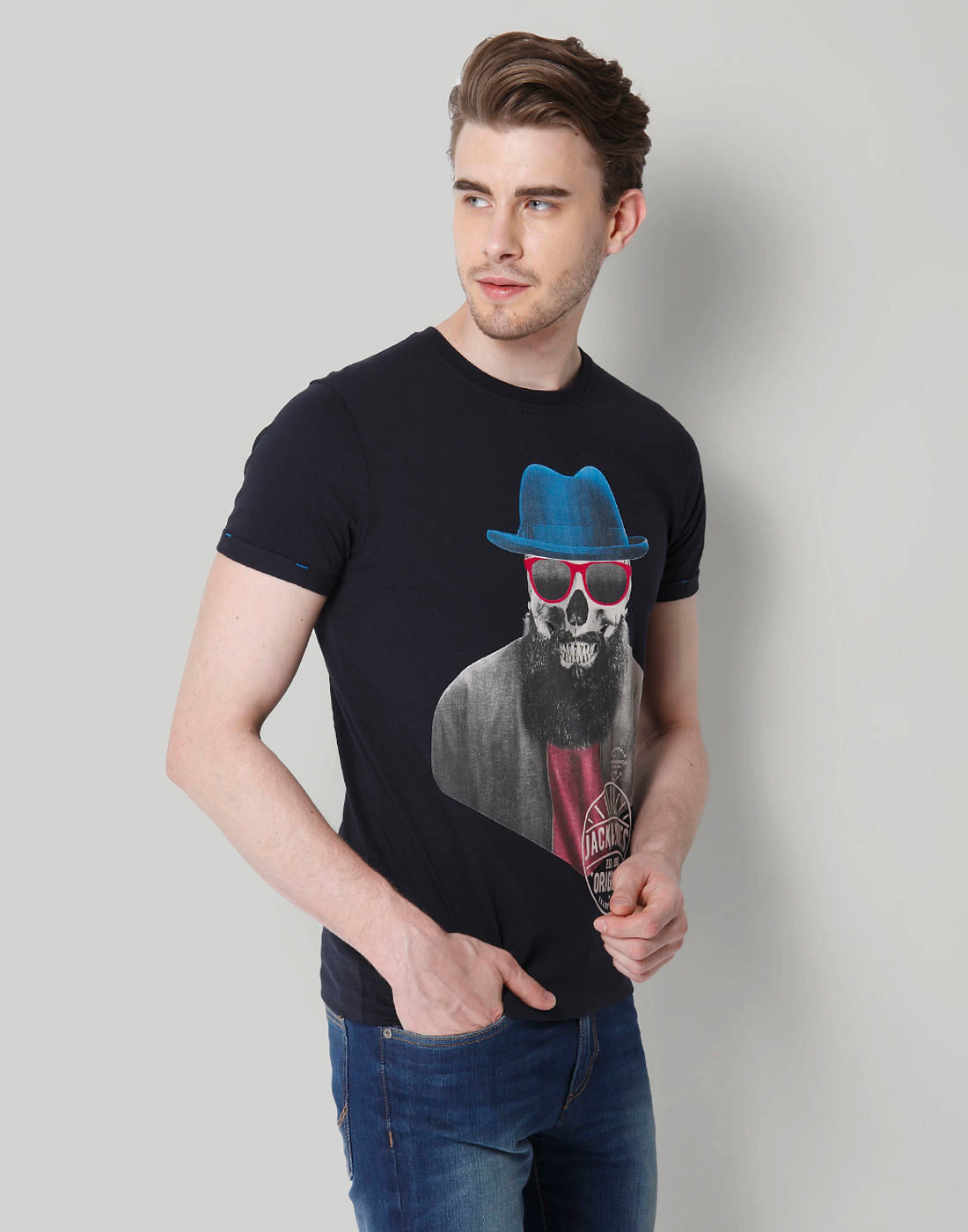 Blue Skull Printed Crew Neck T-Shirt