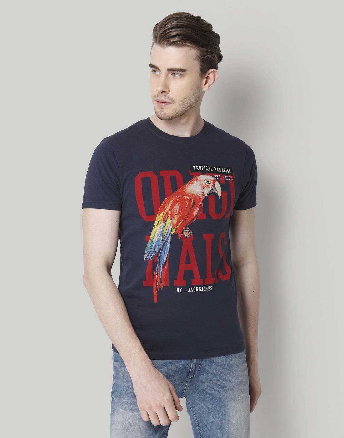 Blue Graphic Print Crew Neck T-Shirt - S