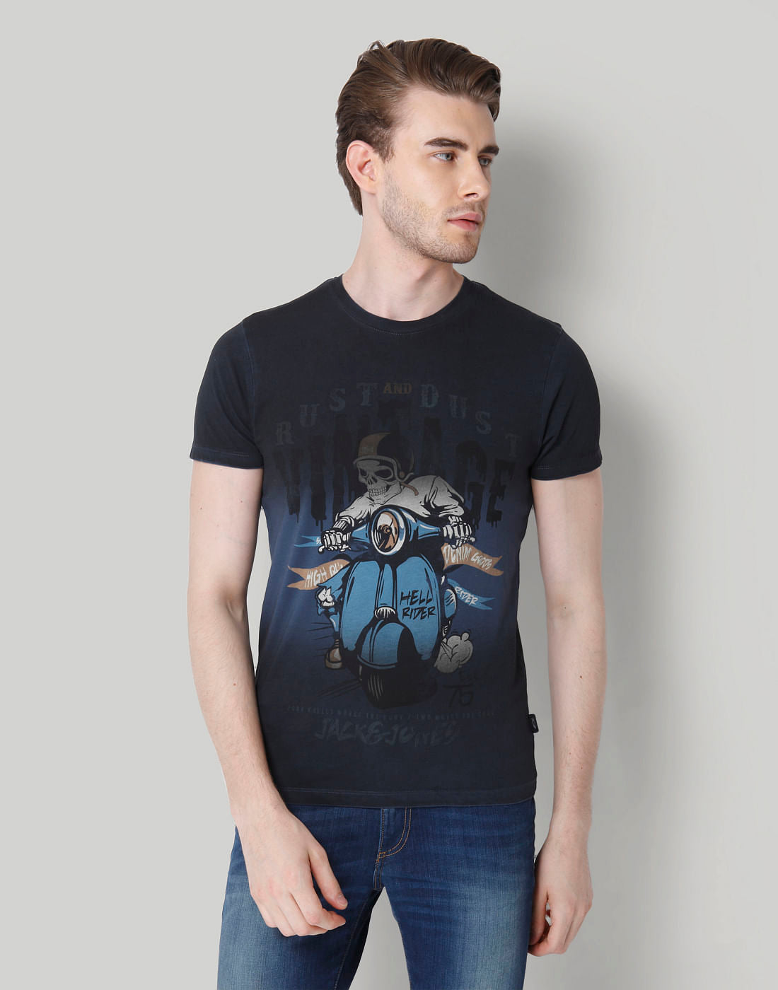 Blue Graphic Print Crew Neck T-Shirt - S