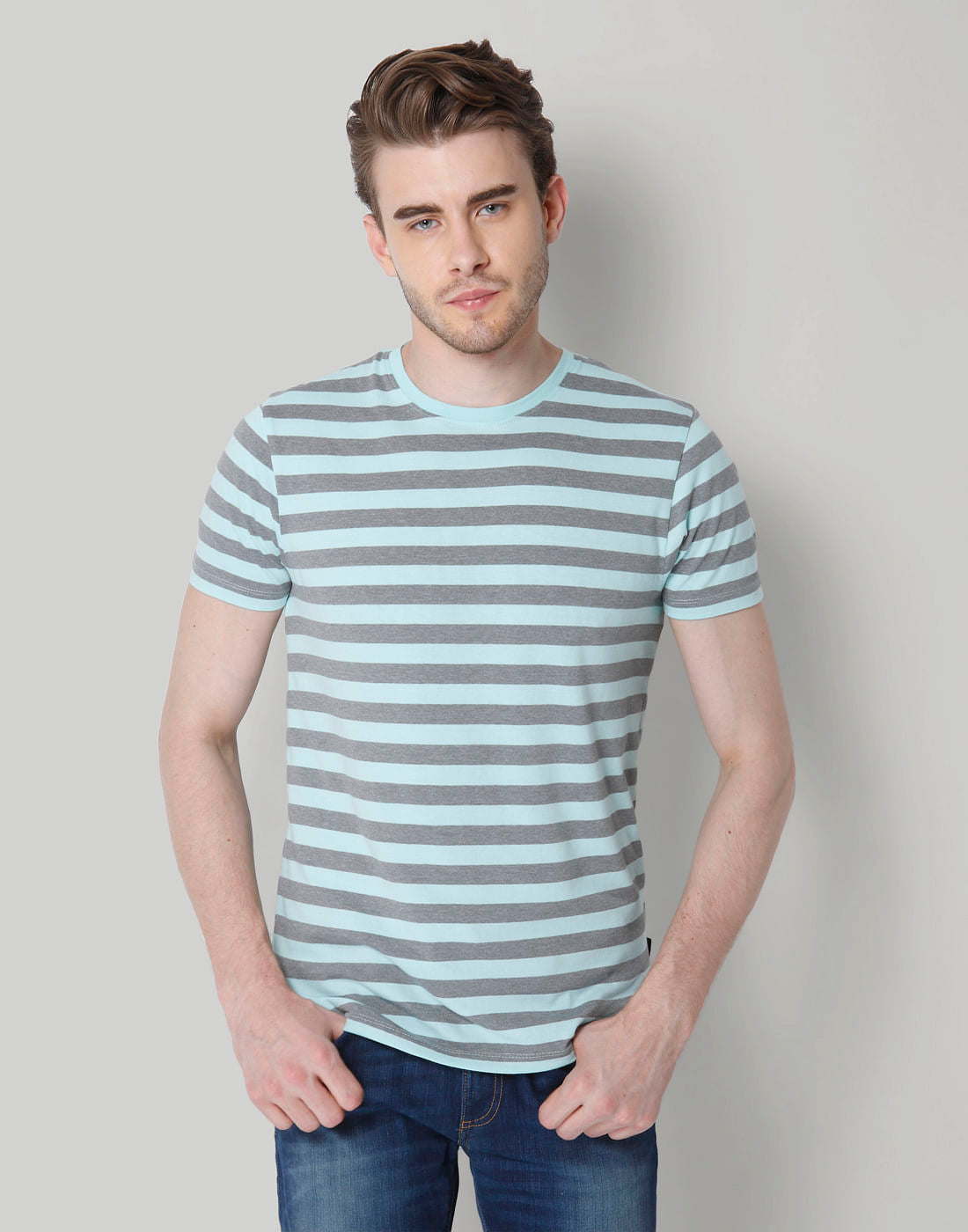 Grey Striped Crew Neck T-Shirt - S