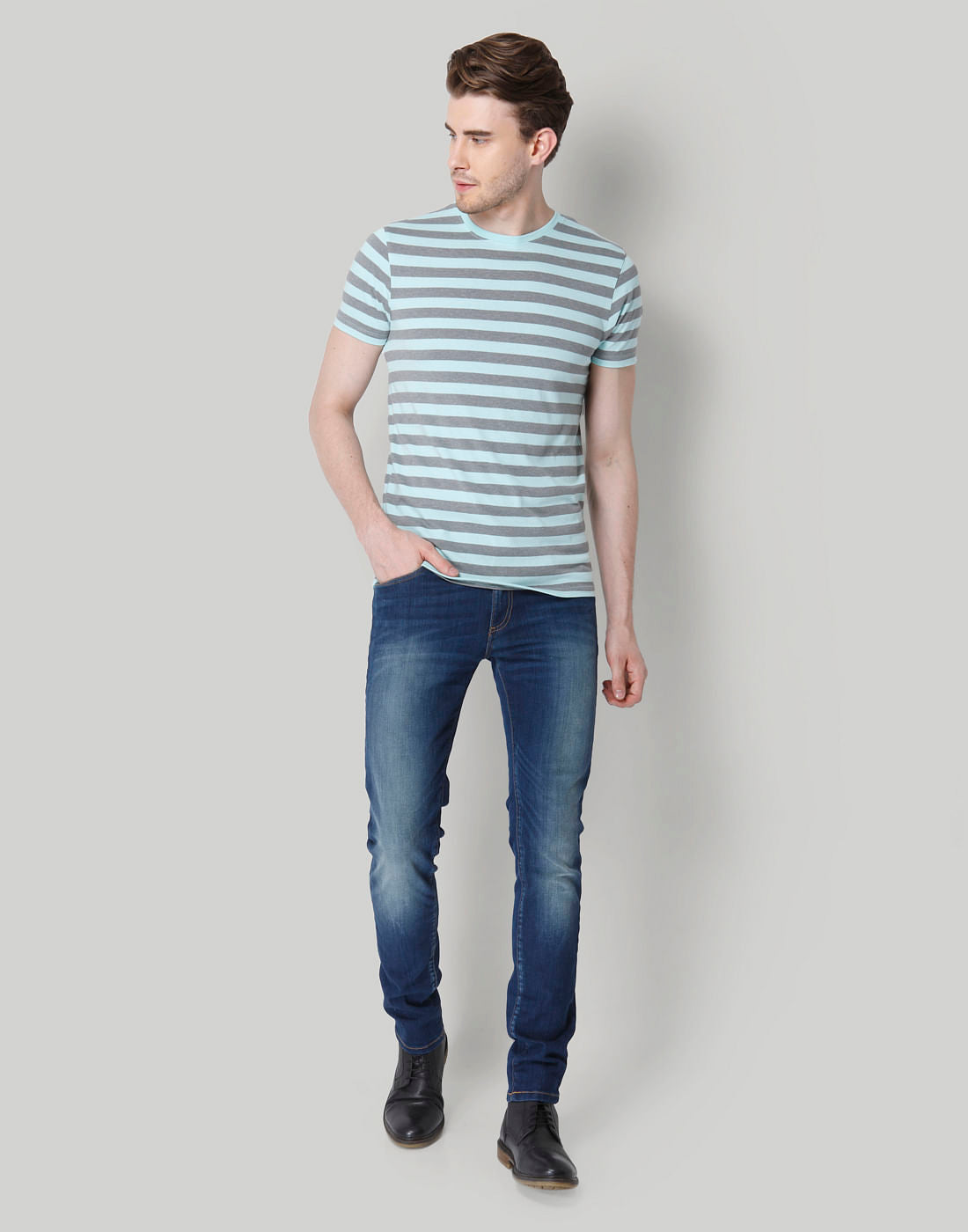 Grey Striped Crew Neck T-Shirt