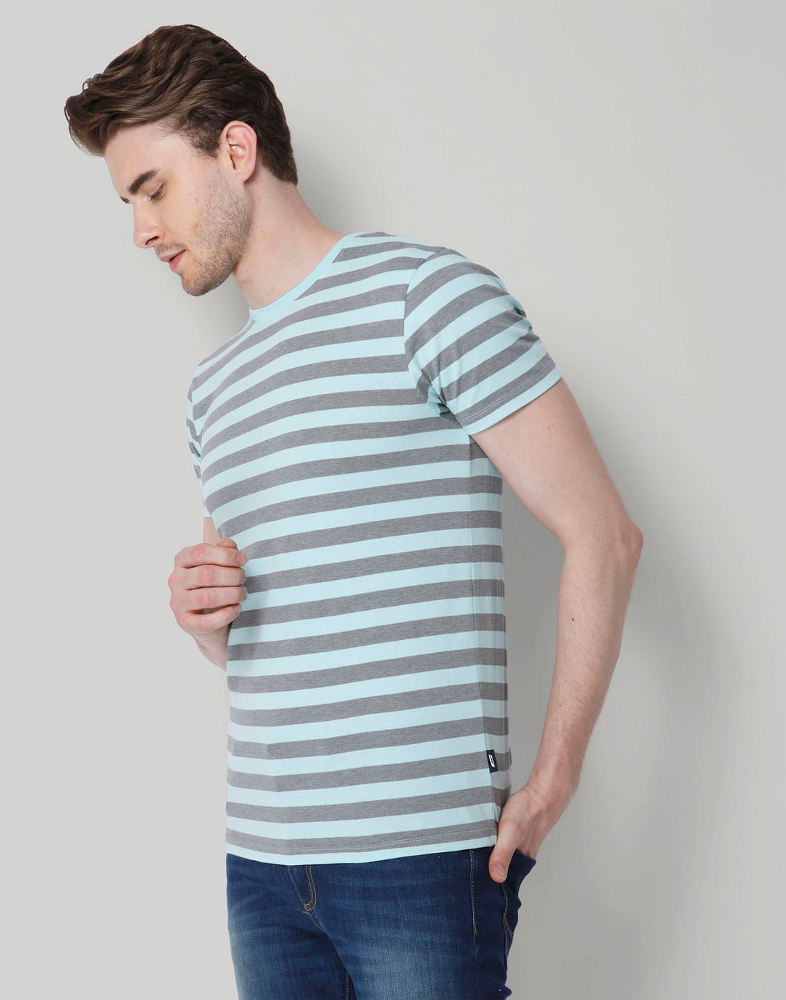 Grey Striped Crew Neck T-Shirt