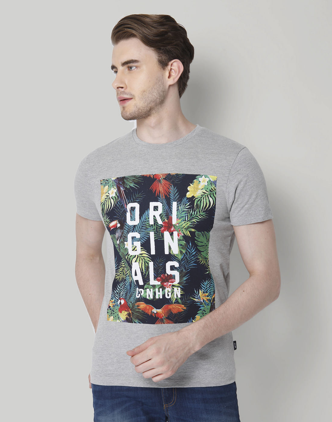 Grey Graphic Print Crew Neck T-Shirt - S