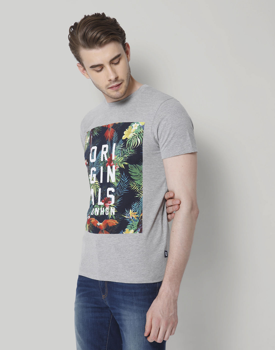 Grey Graphic Print Crew Neck T-Shirt
