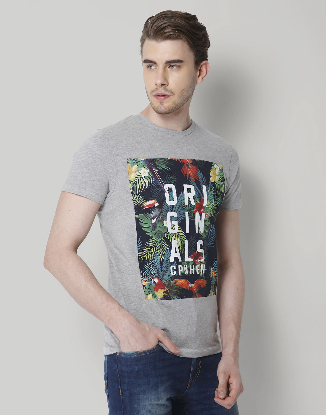 Grey Graphic Print Crew Neck T-Shirt