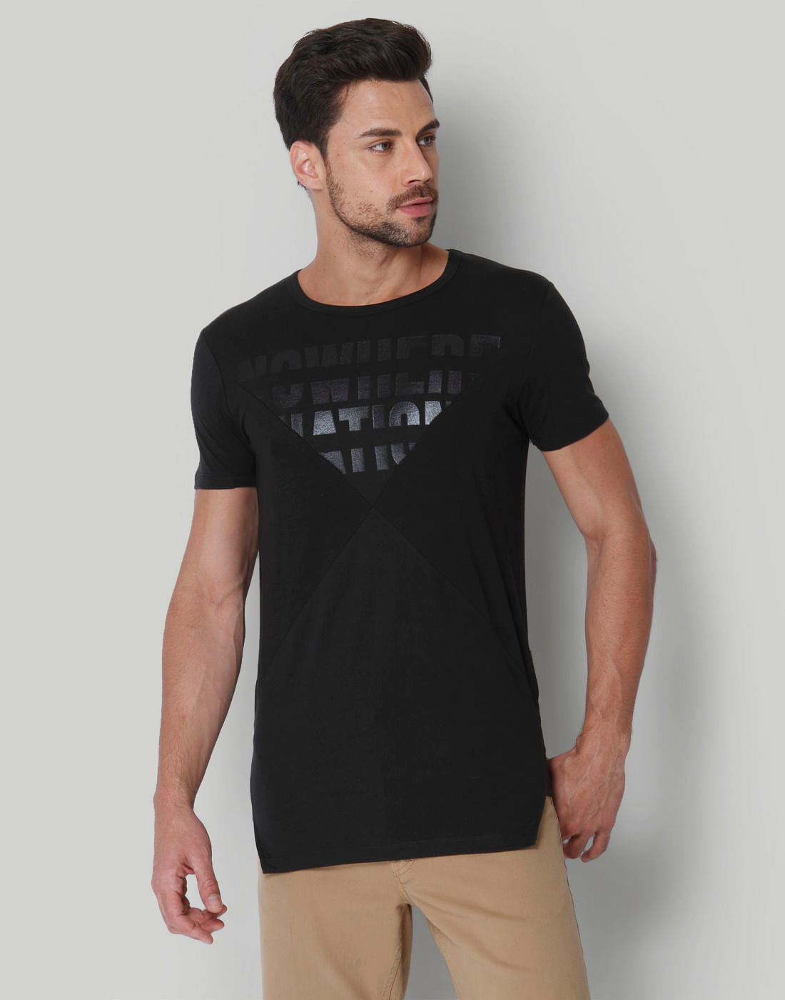 Black Text Print Crew Neck T-Shirt - S