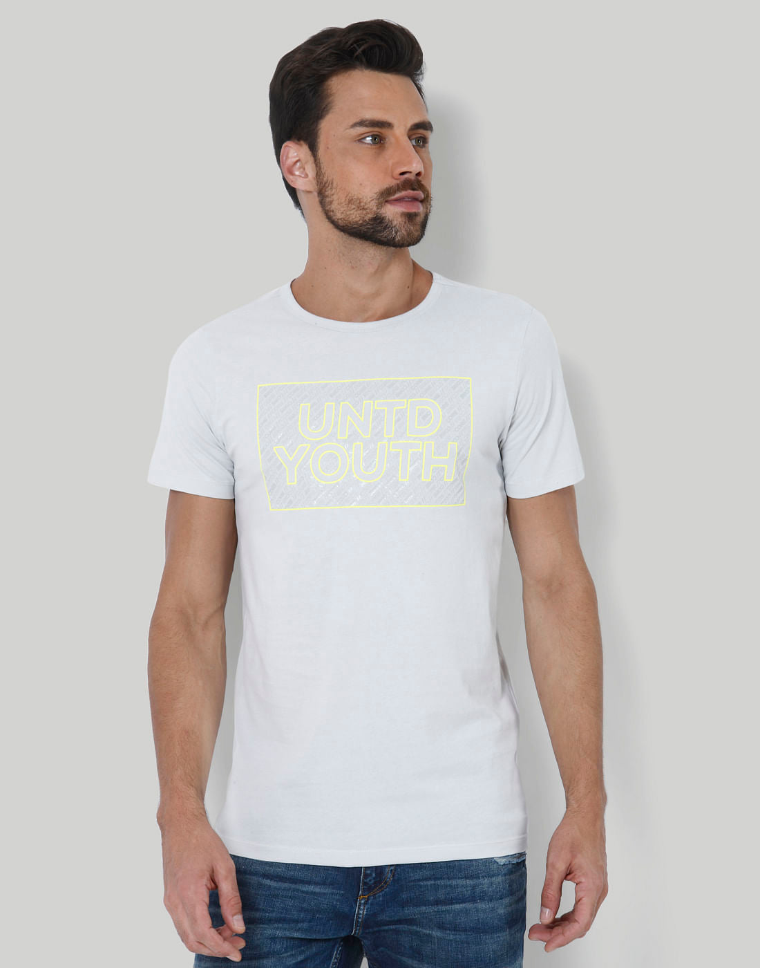 Light Grey Text Print Crew Neck T-Shirt - S