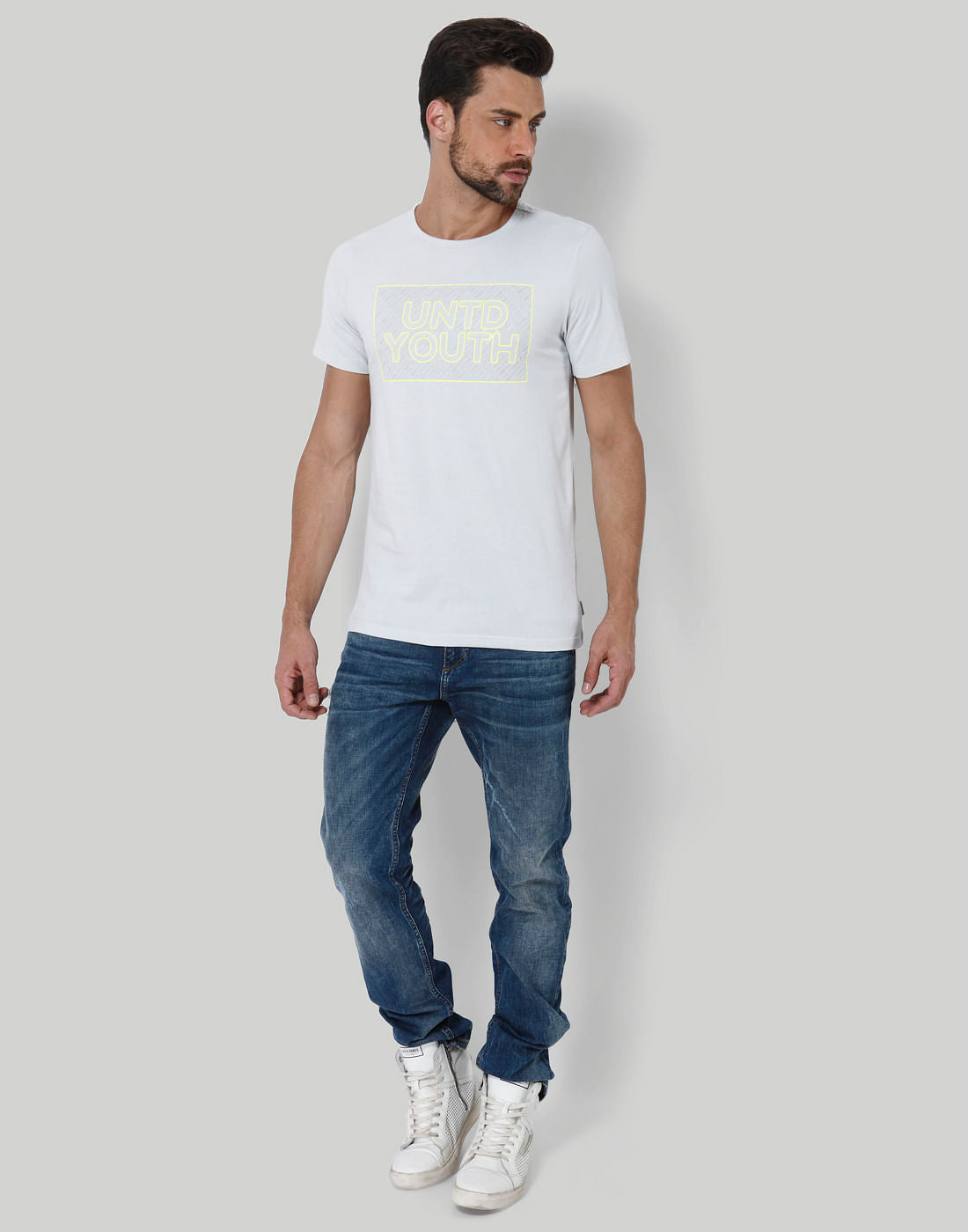 Light Grey Text Print Crew Neck T-Shirt