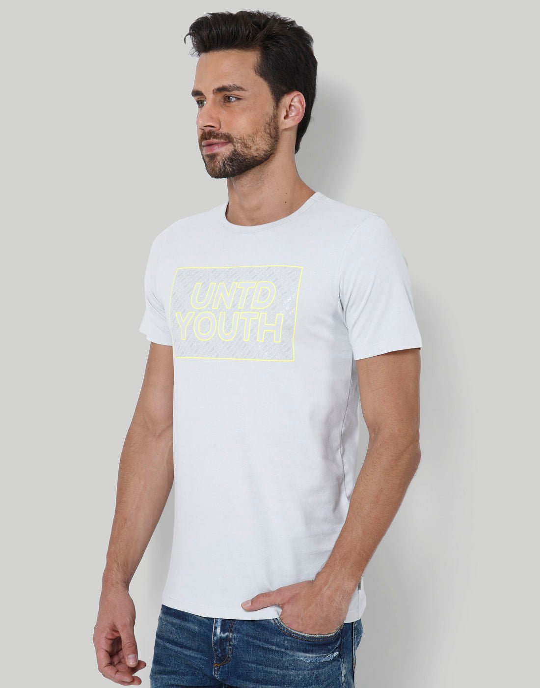 Light Grey Text Print Crew Neck T-Shirt