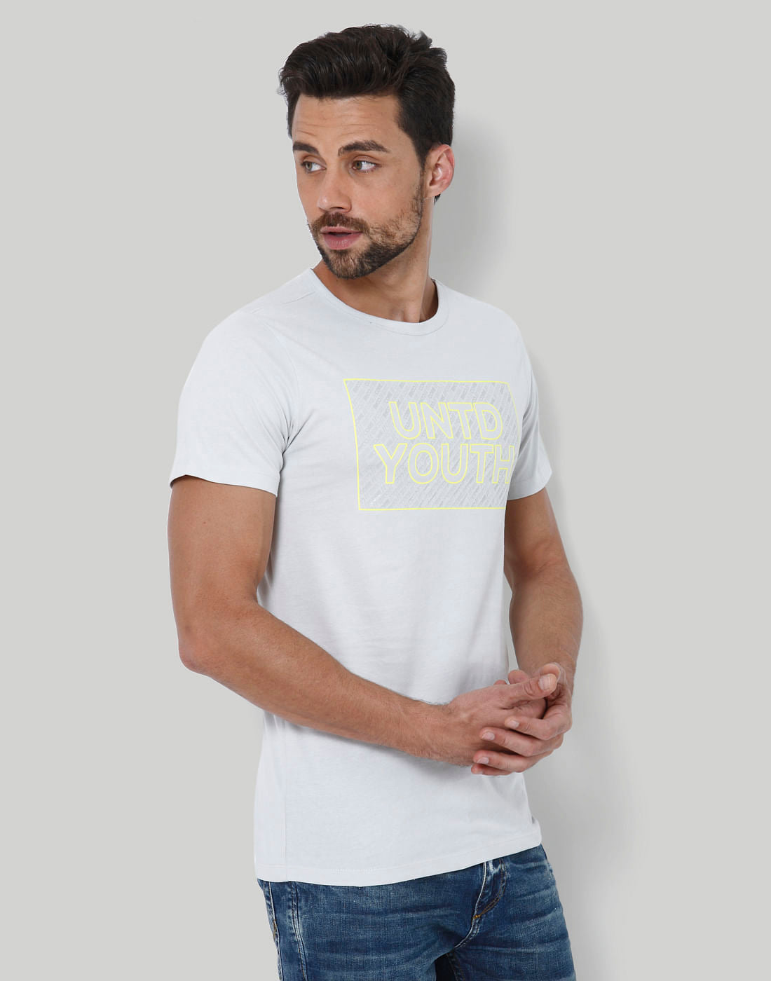 Light Grey Text Print Crew Neck T-Shirt