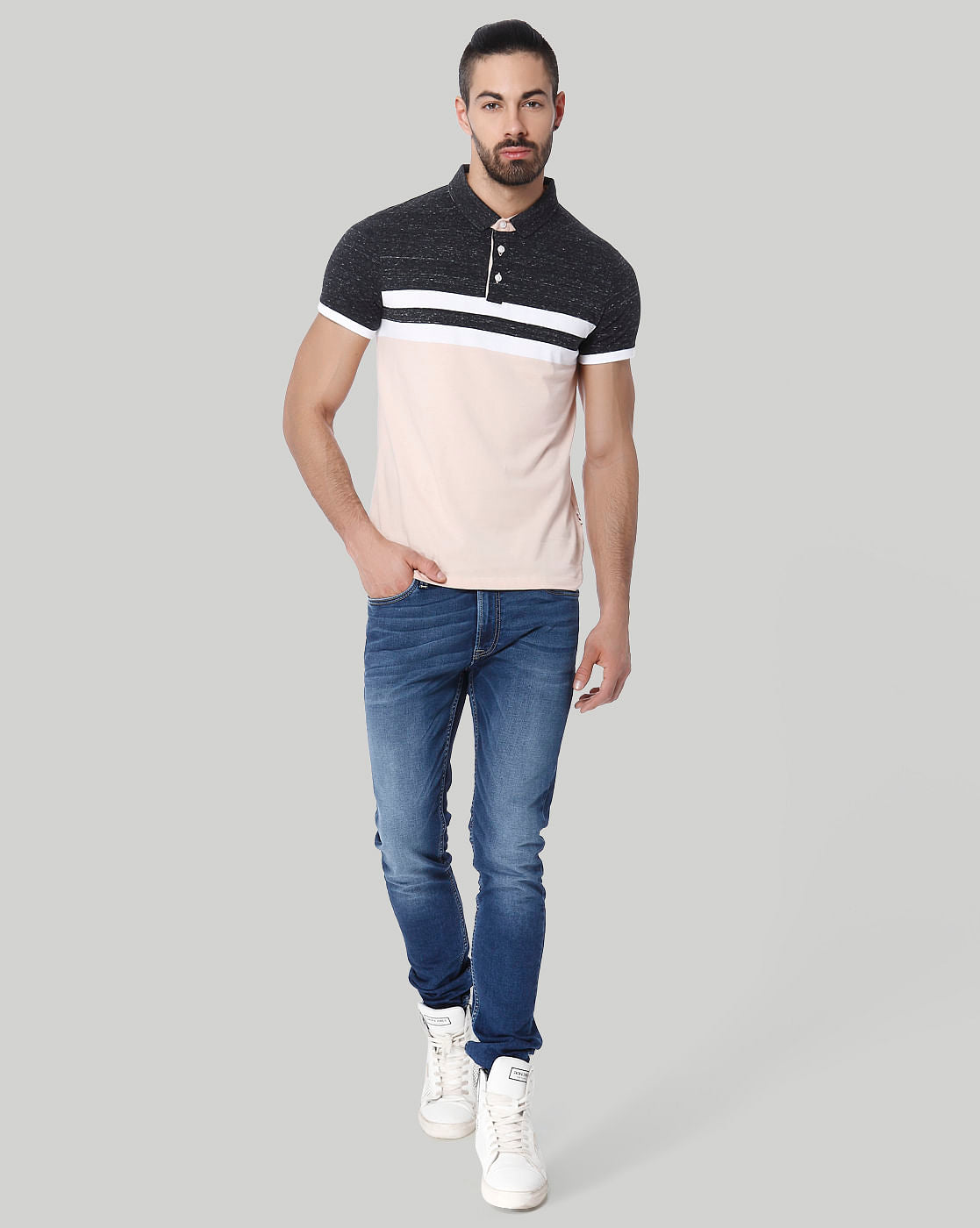 Light Peach Colour Blocked Striped Polo T-Shirt