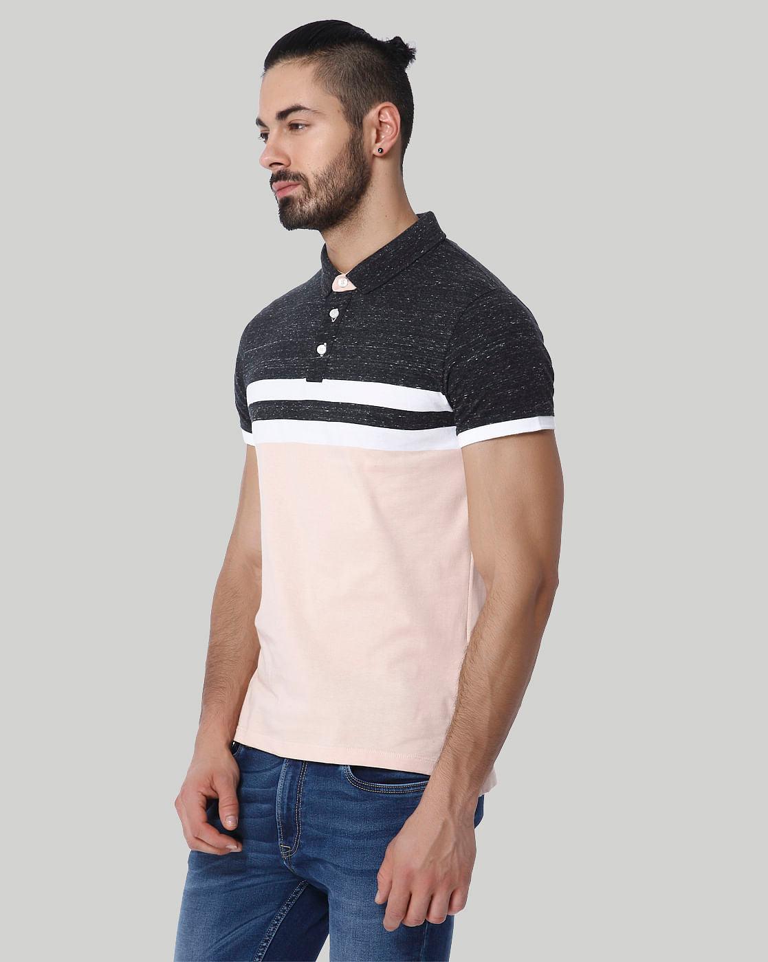 Light Peach Colour Blocked Striped Polo T-Shirt