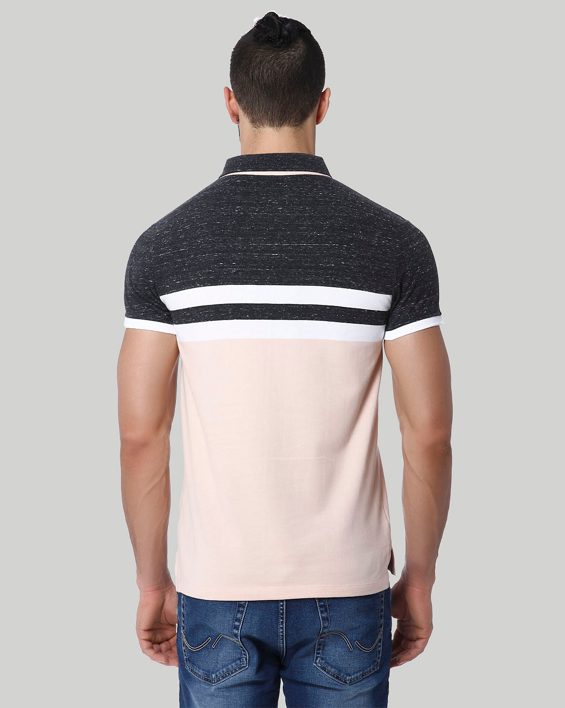 Light Peach Colour Blocked Striped Polo T-Shirt