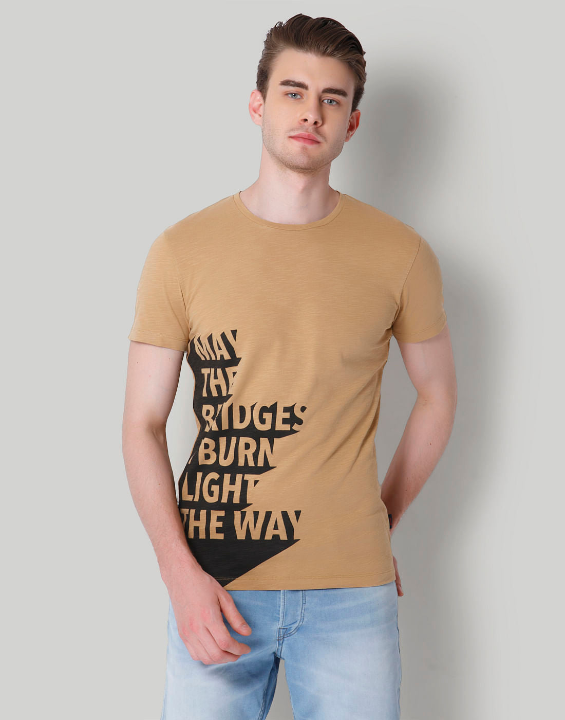 Tan Slogan Print Crew Neck T-Shirt - S