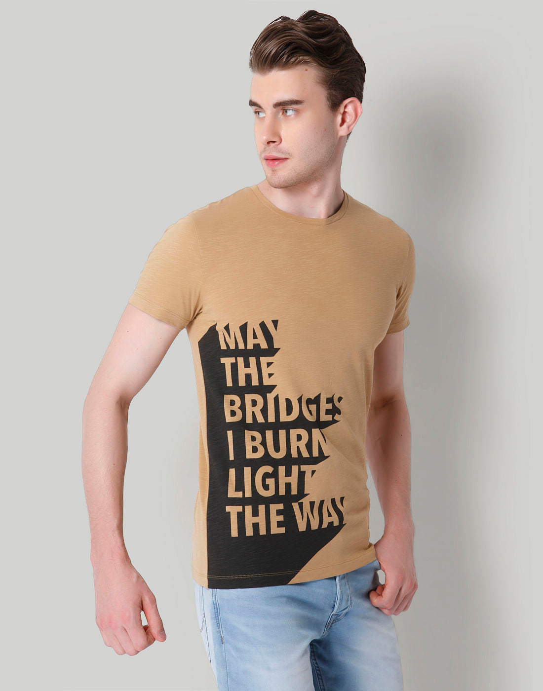 Tan Slogan Print Crew Neck T-Shirt