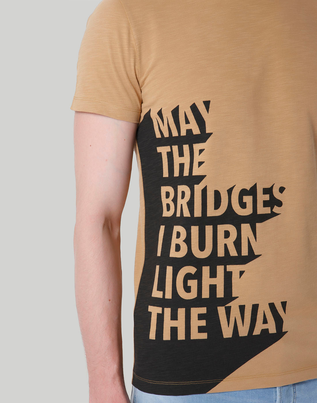 Tan Slogan Print Crew Neck T-Shirt