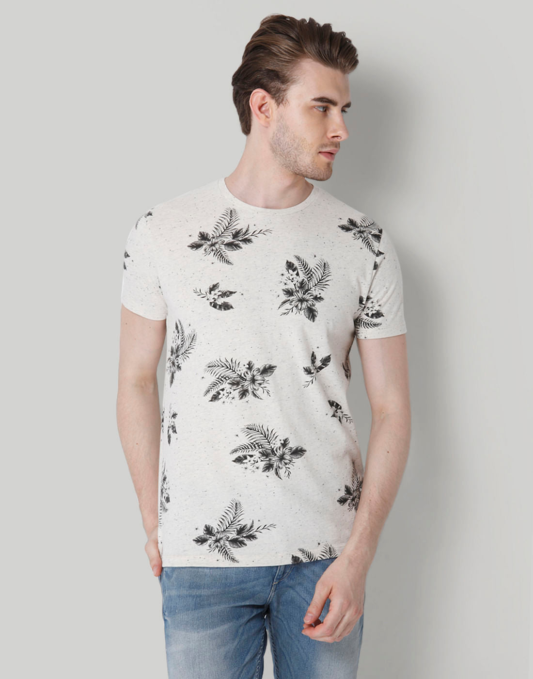 White Leaf Print Crew Neck T-Shirt - S