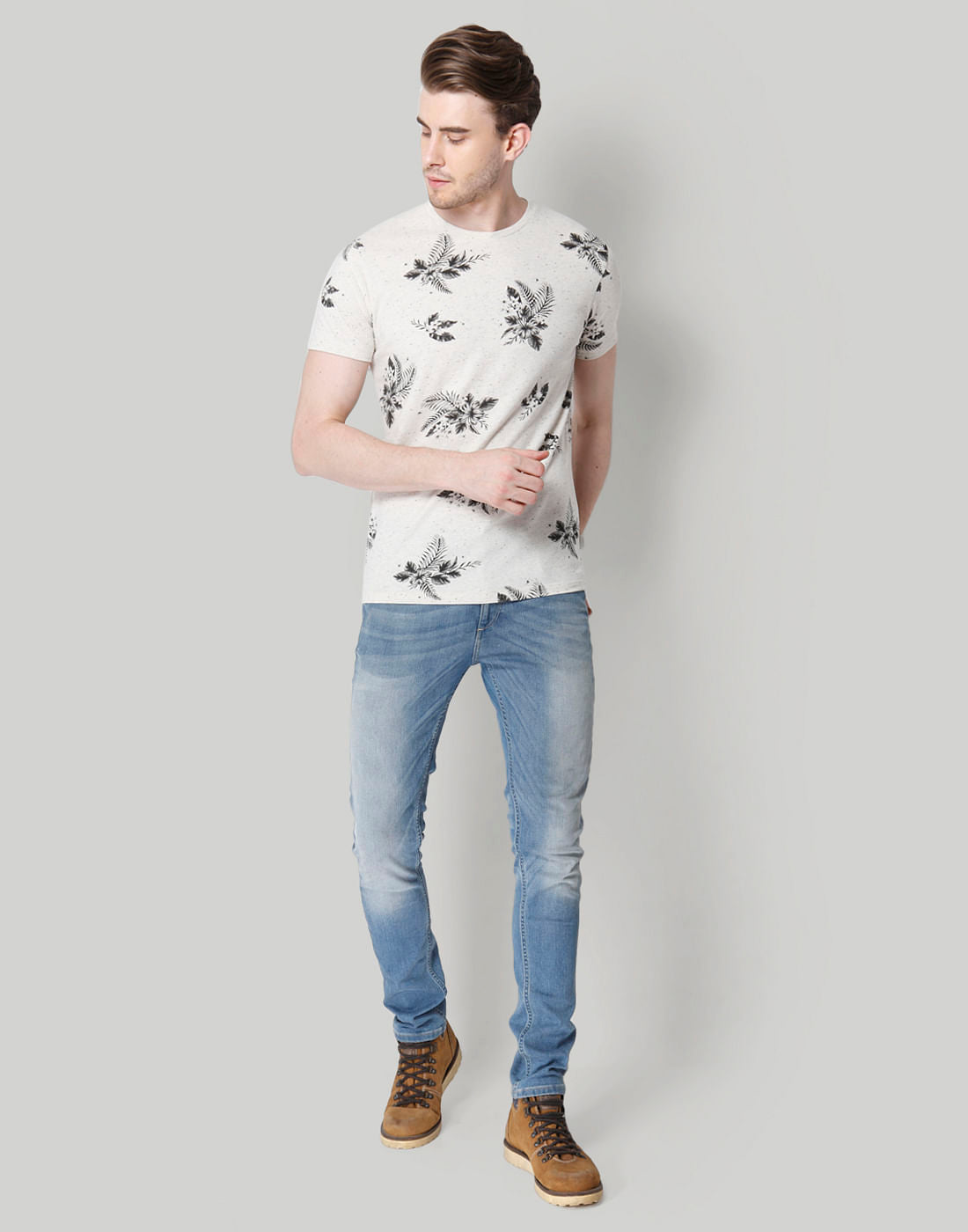 White Leaf Print Crew Neck T-Shirt