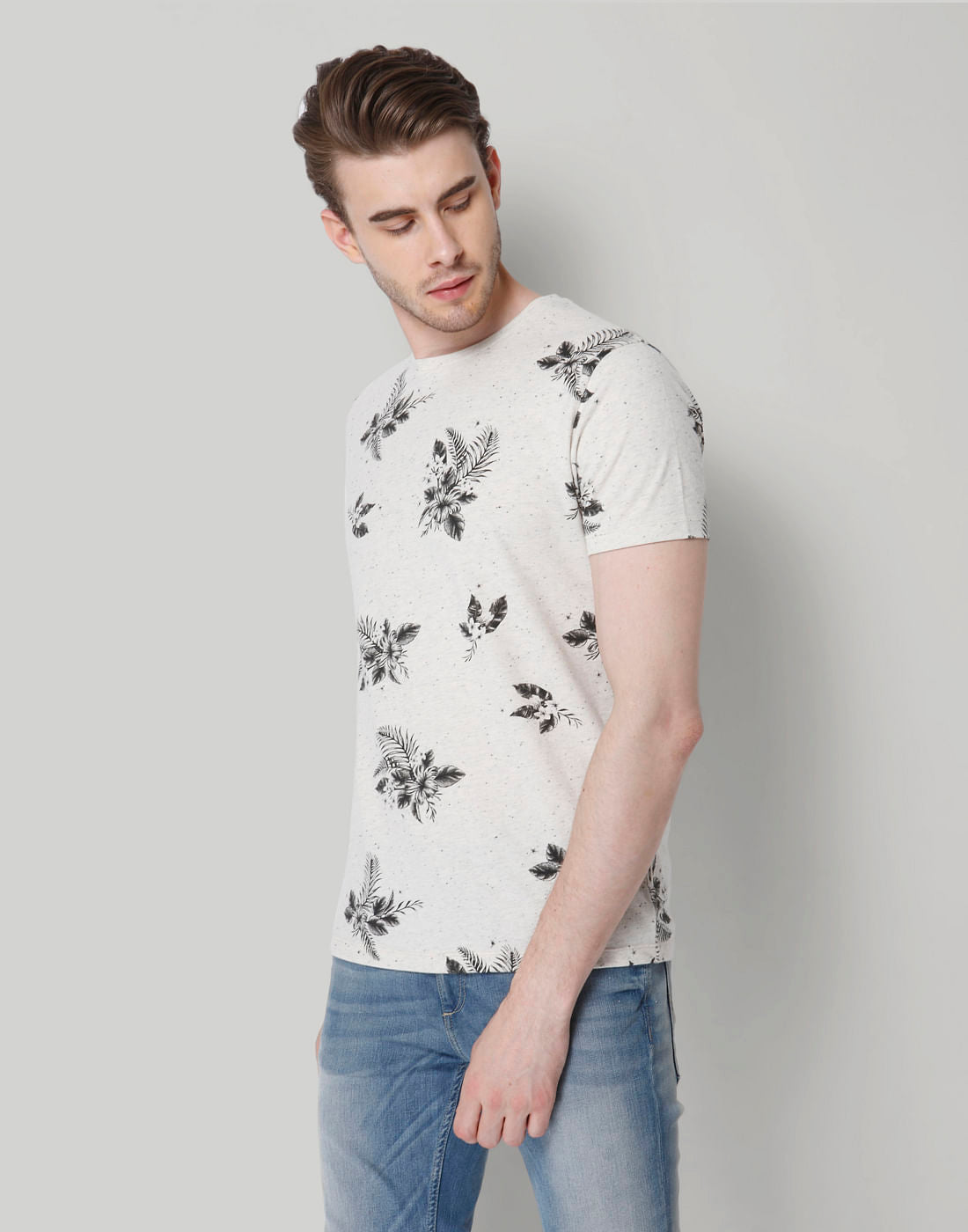 White Leaf Print Crew Neck T-Shirt