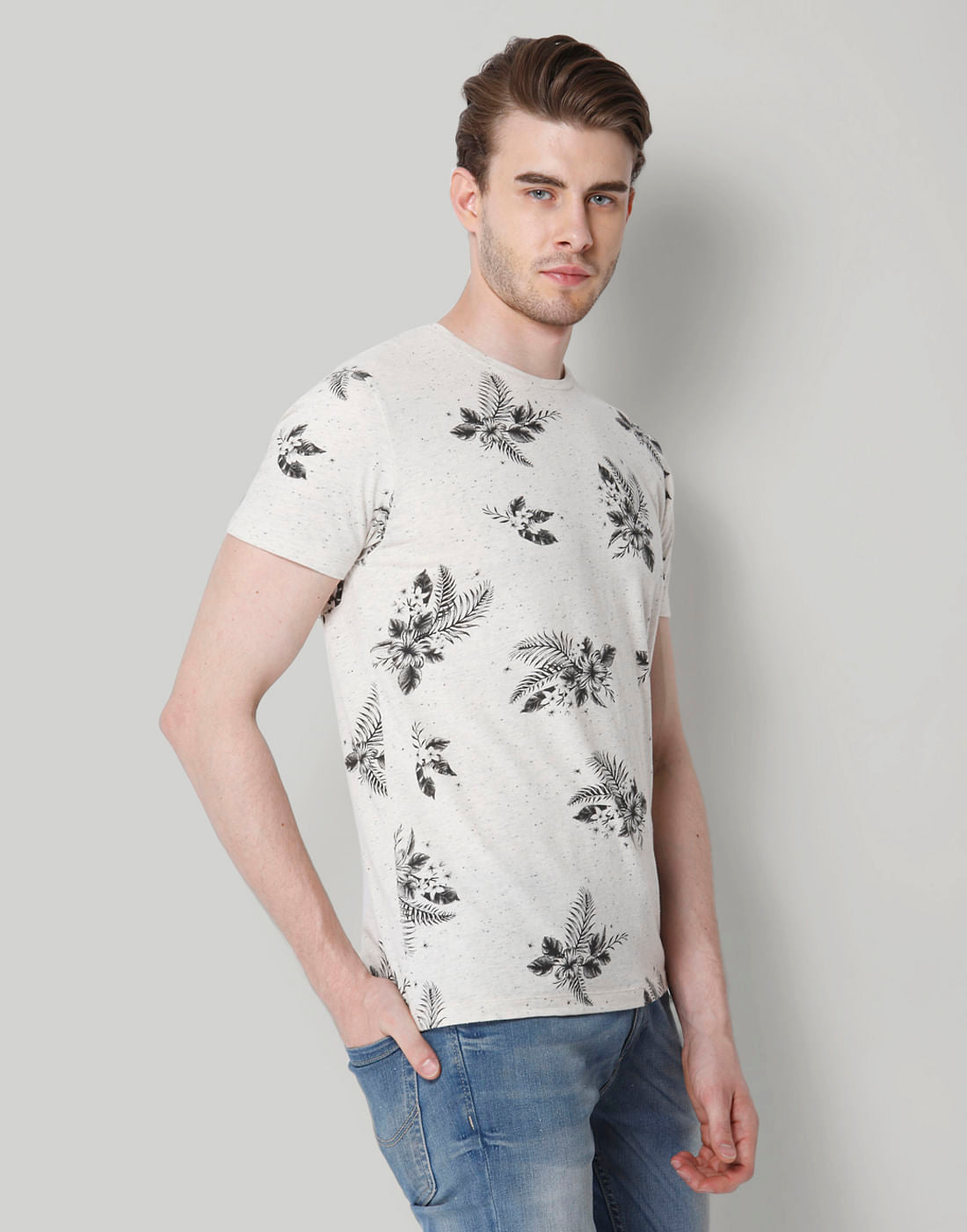 White Leaf Print Crew Neck T-Shirt