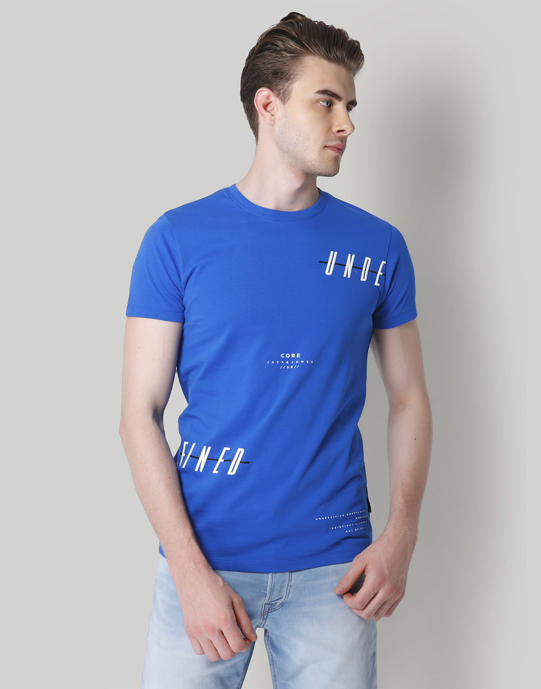 Blue Text Print Crew Neck T-Shirt - S