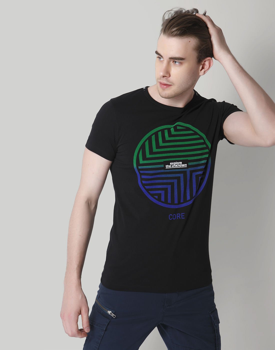 Black Placement Print Crew Neck T-Shirt