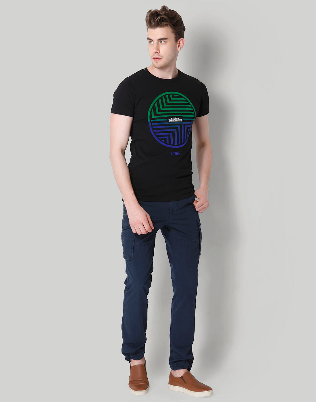 Black Placement Print Crew Neck T-Shirt