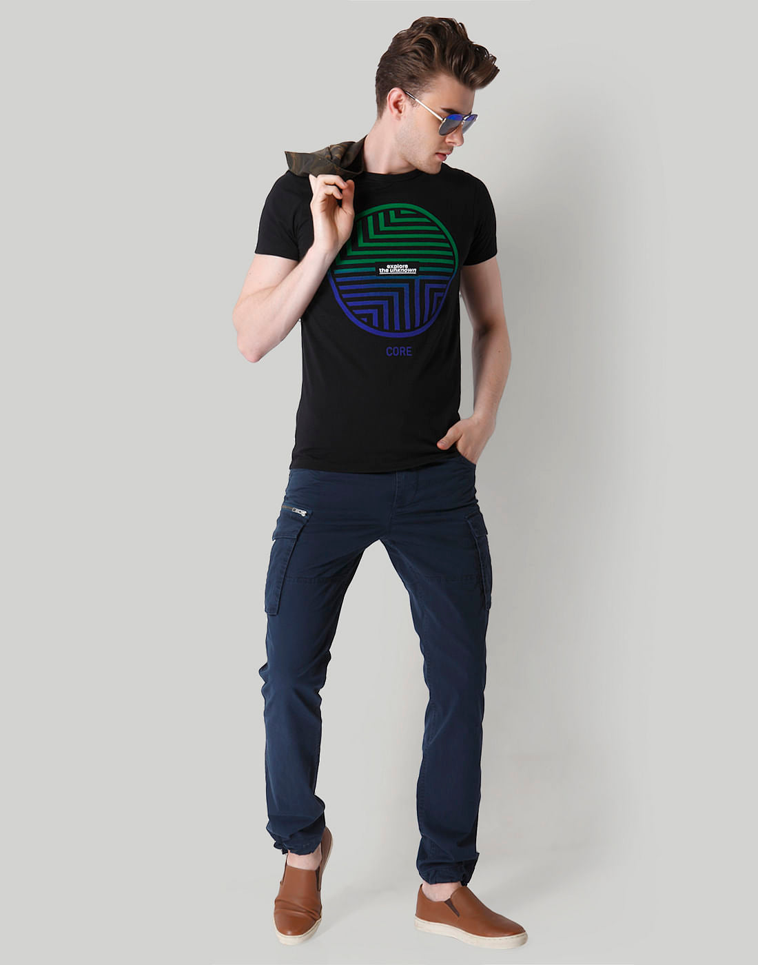 Black Placement Print Crew Neck T-Shirt