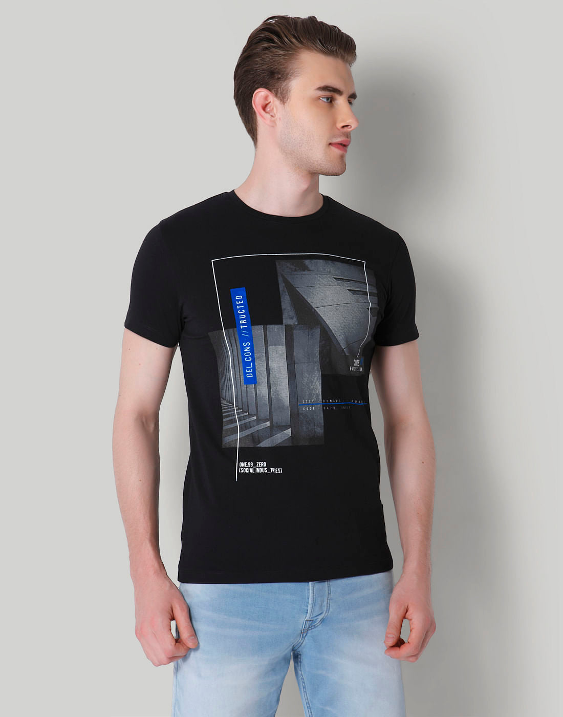 Black Placement Print Crew Neck T-Shirt - S