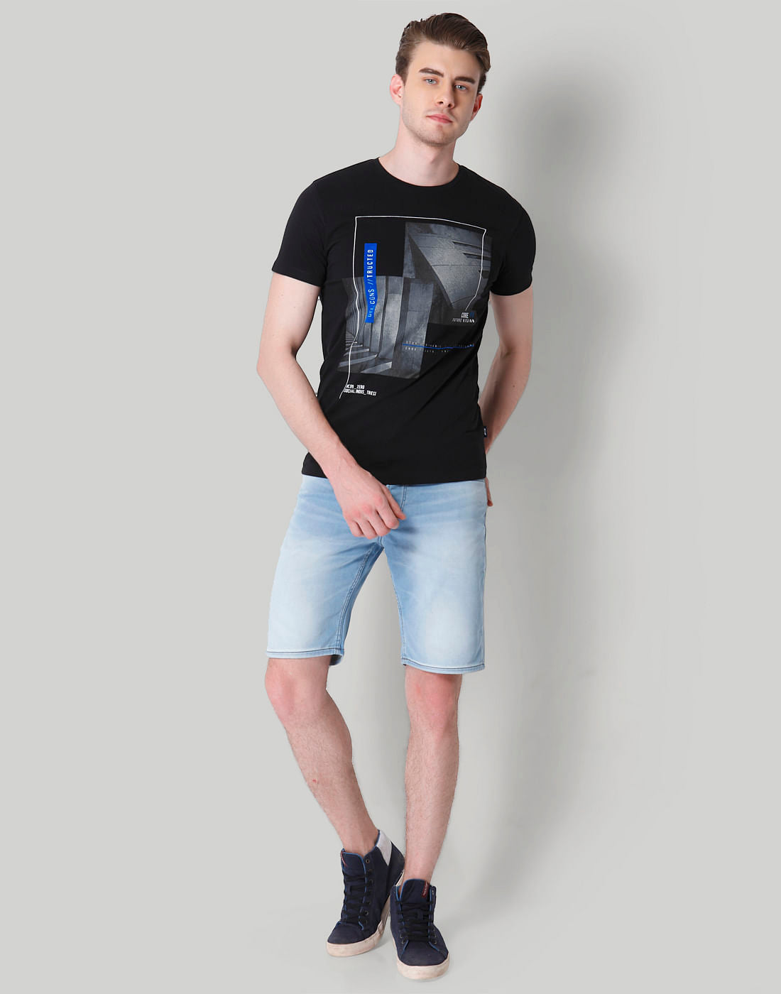 Black Placement Print Crew Neck T-Shirt