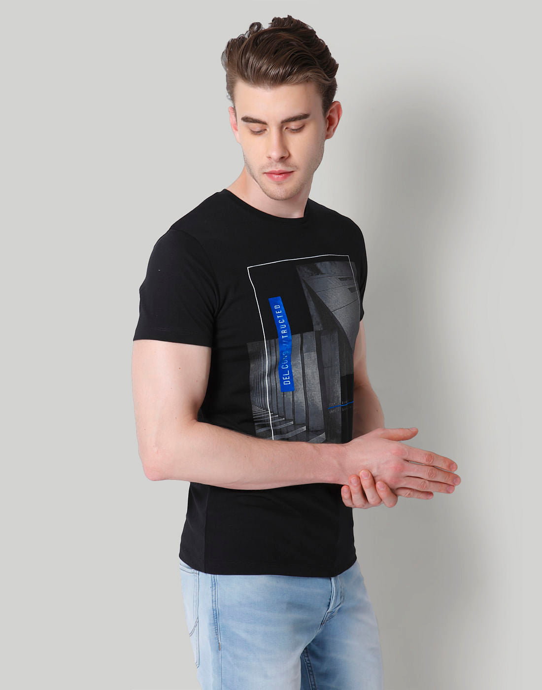 Black Placement Print Crew Neck T-Shirt