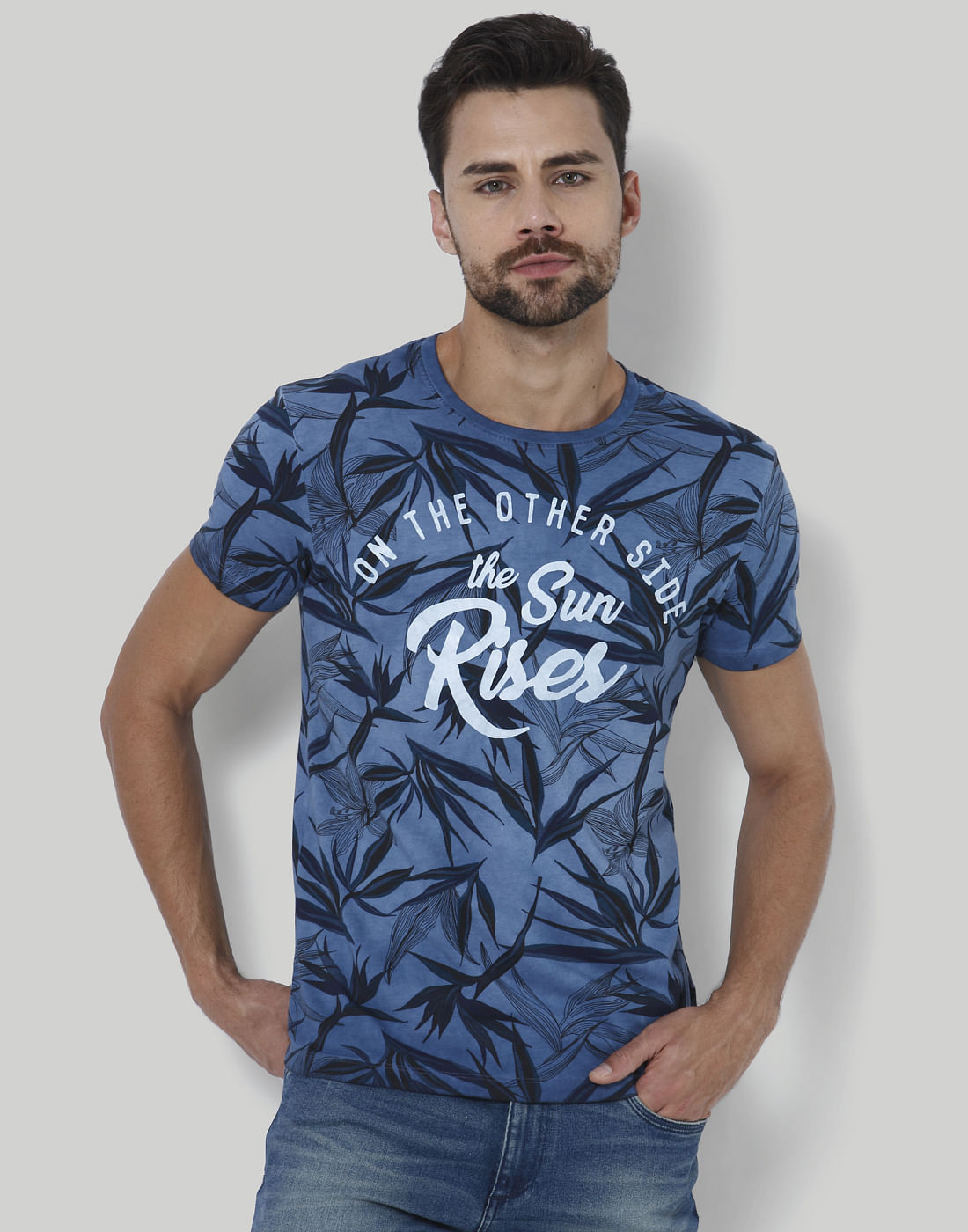 Blue Tropical Print Crew Neck T-Shirt