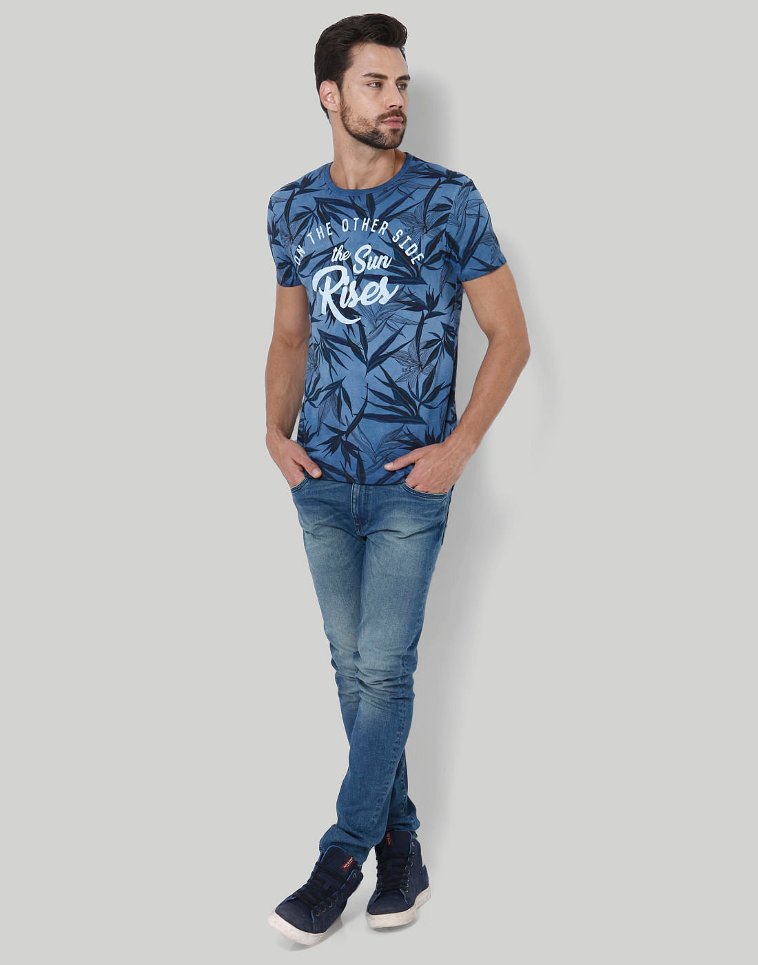 Blue Tropical Print Crew Neck T-Shirt