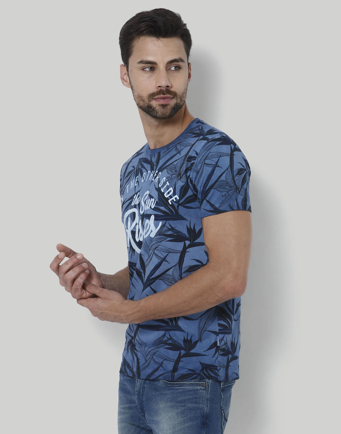 Blue Tropical Print Crew Neck T-Shirt
