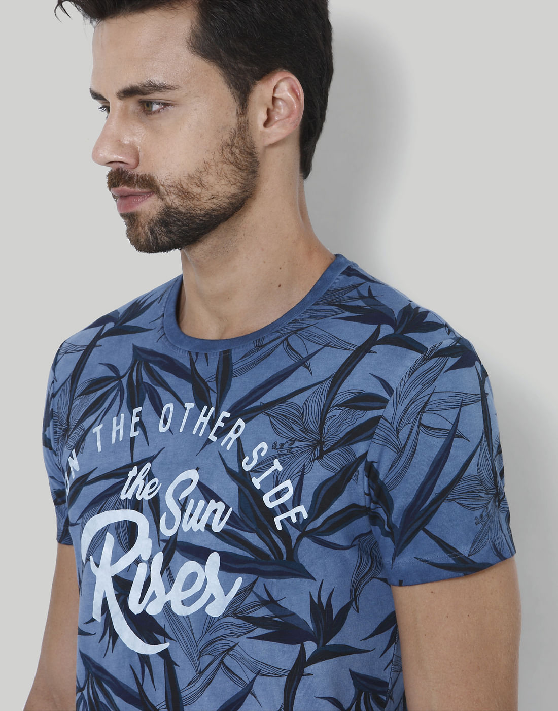 Blue Tropical Print Crew Neck T-Shirt