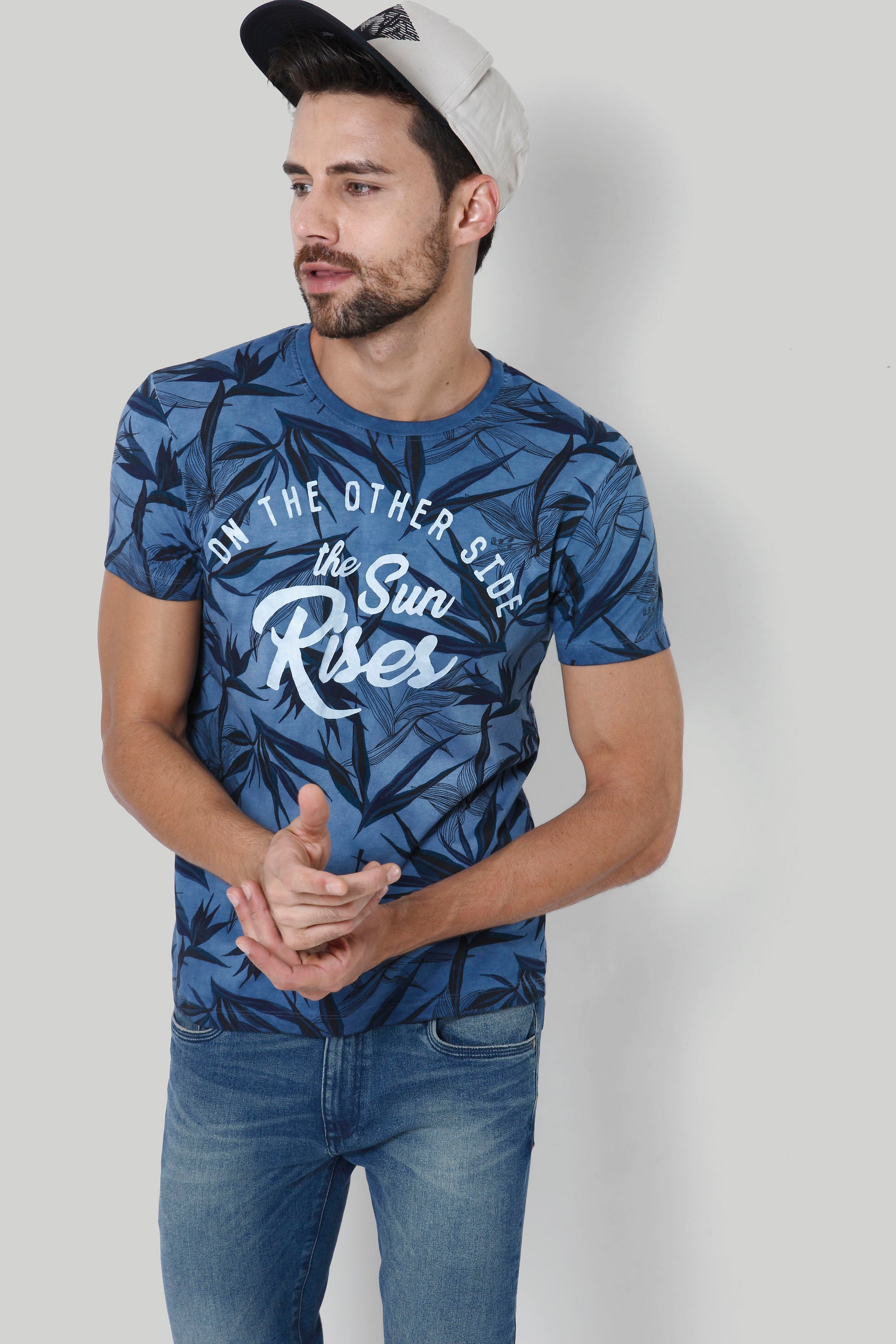 Blue Tropical Print Crew Neck T-Shirt